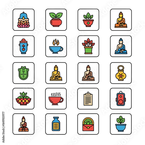 Buddha icons meditate diverse square peaceful spirituality design set