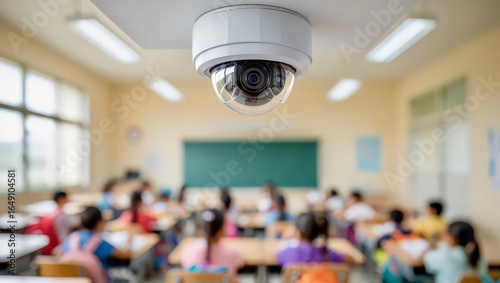 Security camera monitoring modern classroom with students in background