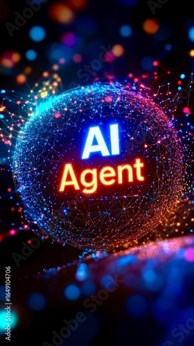 Glowing AI agent interface in mobile format with neon energy