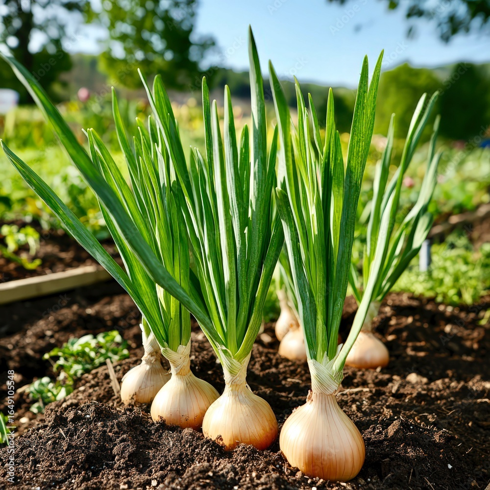 Fototapeta premium Cluster of onions sprouting in farm soil with healthy green tops