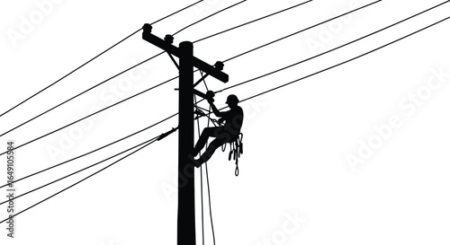 Silhouette of utility lineman climbing electric pole, performing maintenance on power lines, safety gear, electrician worker, high voltage repair