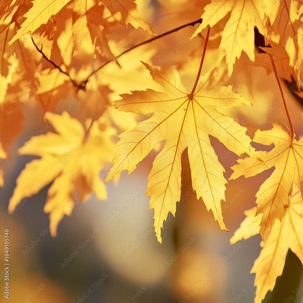 Fototapeta premium Yellow autumn leaves closeup glowing in sunlight with soft background