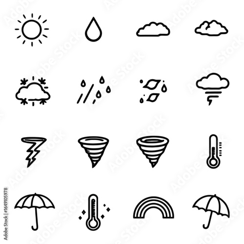 Set of 12 minimalist solid black vector icons with weather theme including sun, cloud, rain drop, snowflake, storm cloud, thunderbolt, tornado, fog, rainbow, thermometer, wind, and umbrella, clean fla