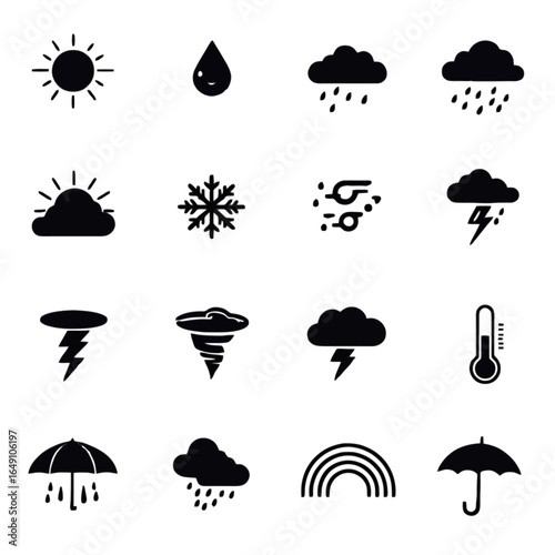 Set of 12 minimalist solid black vector icons with weather theme including sun, cloud, rain drop, snowflake, storm cloud, thunderbolt, tornado, fog, rainbow, thermometer, wind, and umbrella, clean fla