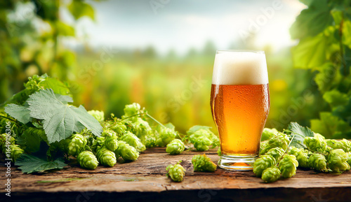 A glass of beer with a frothy head, surrounded by fresh green hops on a wooden table in front of a hop field background.