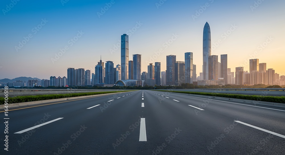 Fototapeta premium A Clear Path to Shenzhen's Modern Skyline Under a Serene Dawn Sky