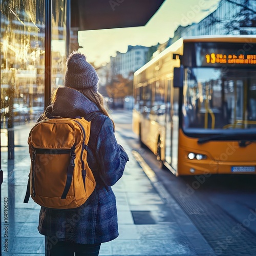 Student waiting for bus in winter city street with traffic lights