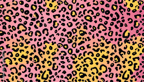 Vibrant leopard print pattern with black spots on a pink and yellow gradient background, creating a bold and trendy animal-inspired textile design.