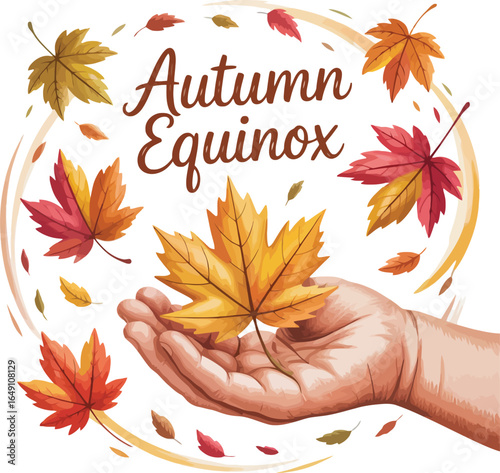 Autumn Equinox Celebration with Falling Maple Leaves and Gentle Hand