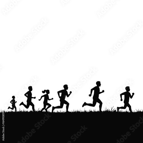 Black silhouettes of people running on grass children