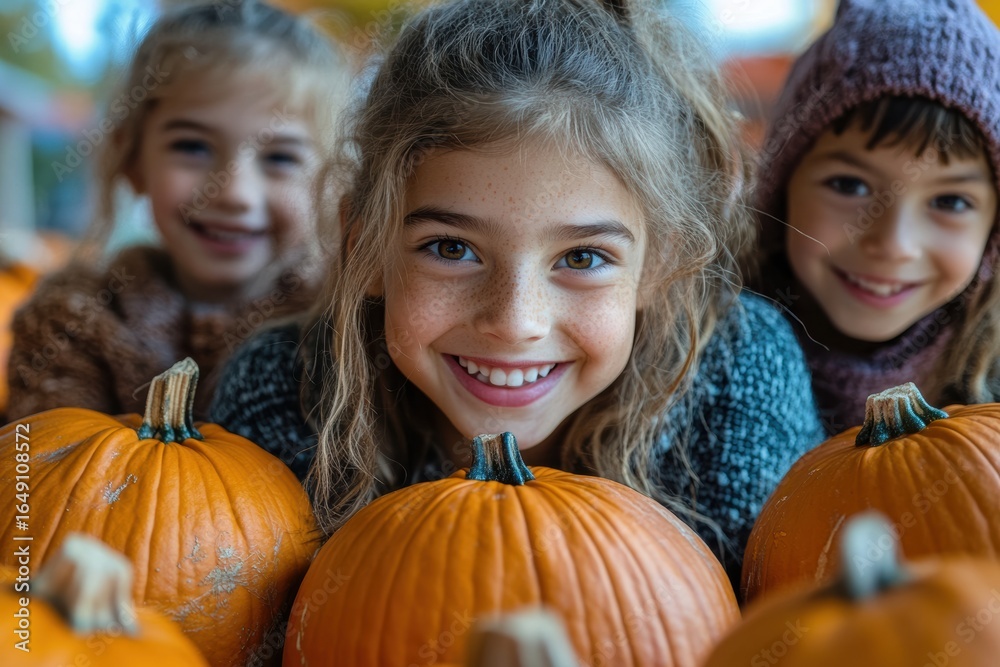 Fototapeta premium Happy children enjoying autumn at a pumpkin patch surrounded by pumpkins