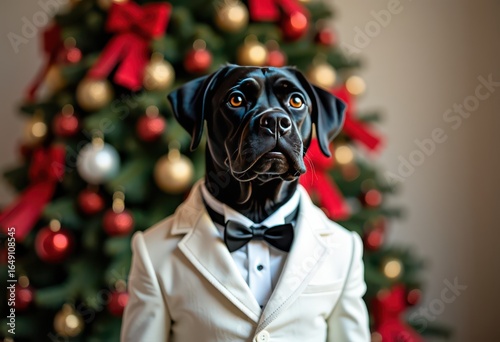 Black Dog in White Suit on Christmas Tree Background