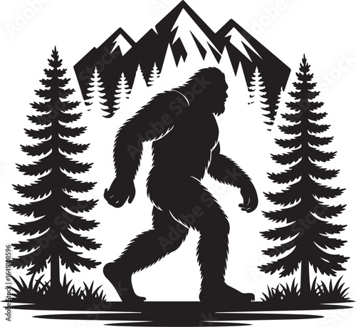 Bigfoot walks through forest with mountains behind