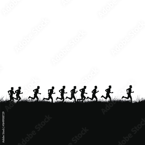 Black silhouettes of runners on grass against white background