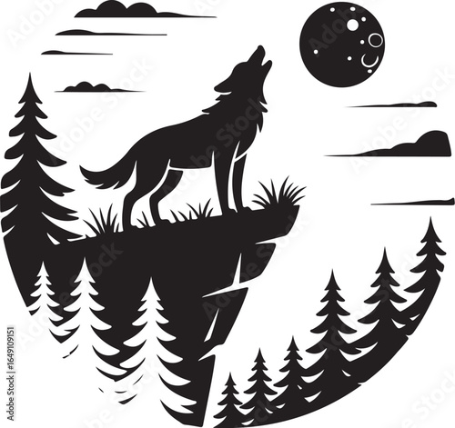 Wolf howls at moon from cliff edge, forest scene
