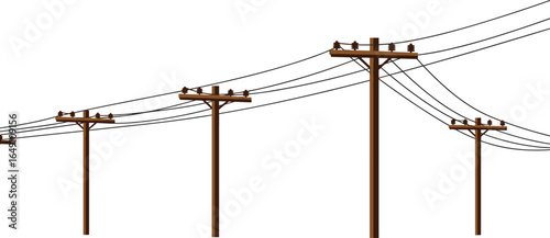 Wooden utility poles with multiple power lines, electrical transmission system, rural electric network, telephone poles with wires, overhead power cables infrastructure