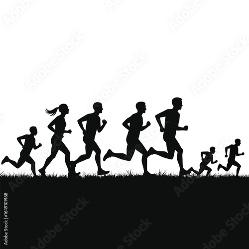 Diverse group of runners silhouetted against white background