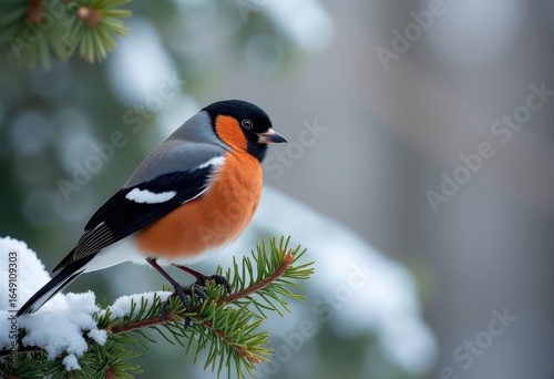 Close-up of bullfinch on a spruce branch