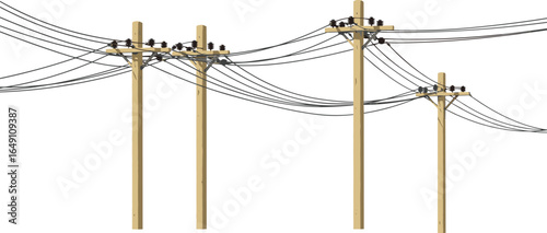 Wooden utility poles with multiple power lines, electrical wires, energy transmission infrastructure, electrical network, power distribution system vector illustration