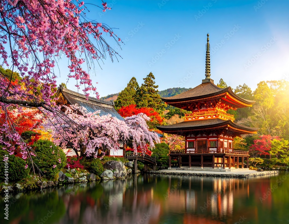 Fototapeta premium Japanese temple, cherry blossoms, autumn foliage