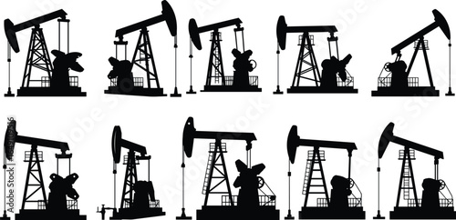 Black silhouette vector illustration of oil pump jacks, petroleum extraction machines, crude oil drilling rigs, industrial energy production equipment, oilfield machinery icons