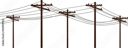 Wooden utility poles with overhead power lines, electrical distribution infrastructure, rural power transmission