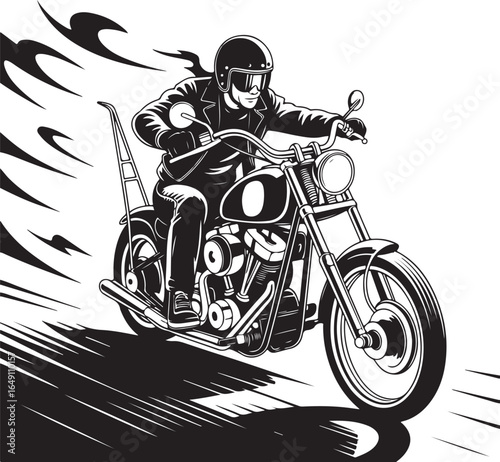 Cool biker rides powerful motorcycle with speed lines