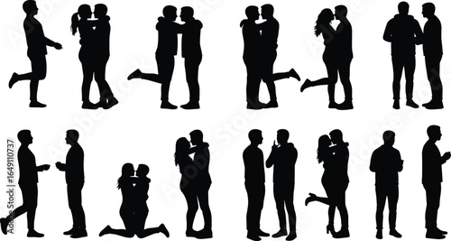 Couple silhouettes in love, romantic poses, hugging and kissing, affectionate gestures, friendship moments, happy relationships, black vector art, loving connection, joy and romance
