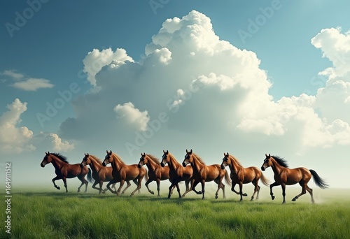 A herd of horses gallops against the sky