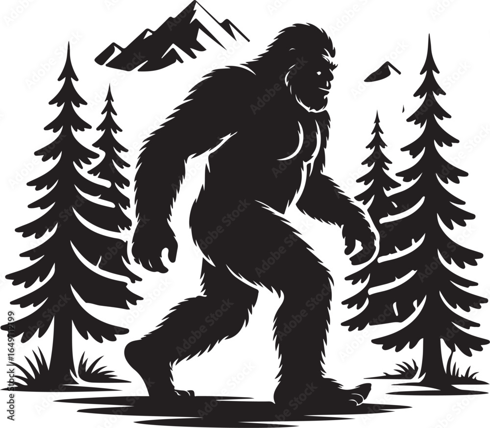 Obraz premium Bigfoot silhouette walks through forest mountains mystery creature