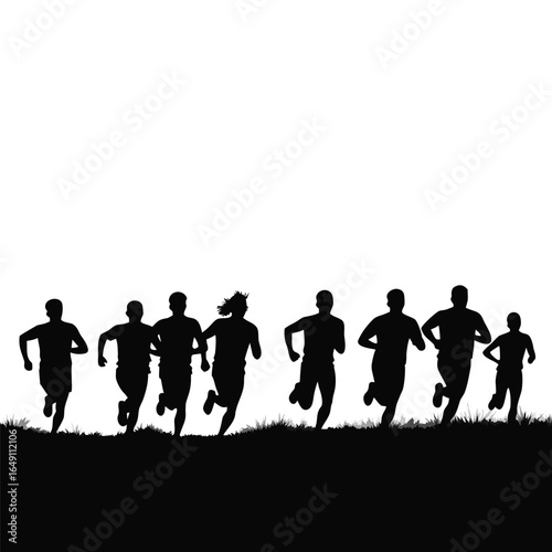 Group of runners in silhouette running on grass people
