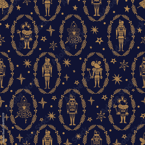 Christmas gold vector Nutcracker seamless  pattern.  Can be used for wallpaper, pattern fills, web page background, surface textures.