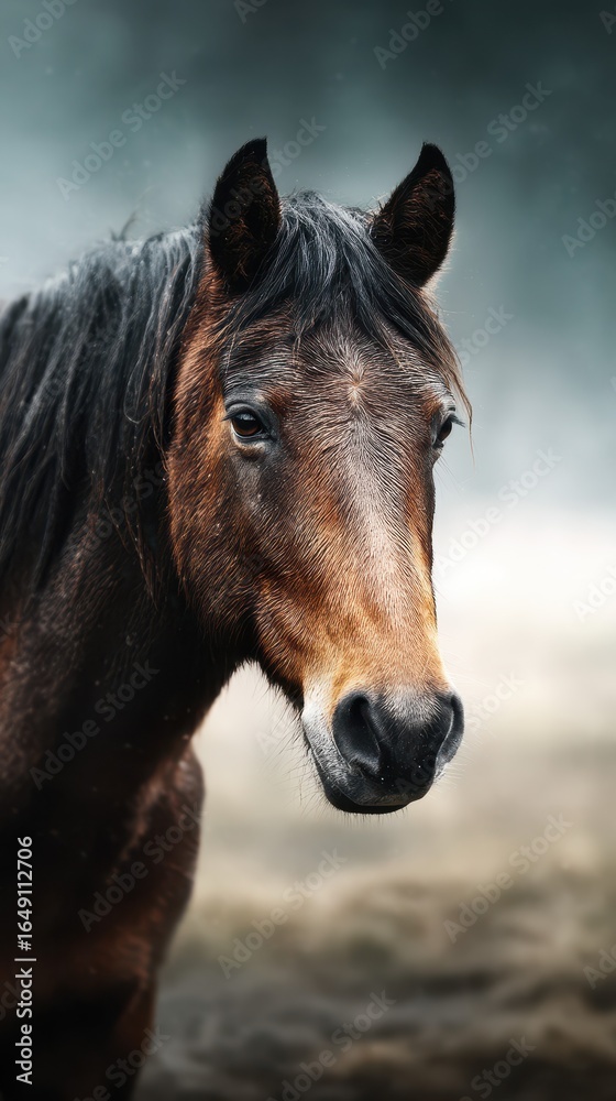 Beautiful brown horse standing in a misty landscape at dawn, showcasing its calm demeanor and natural beauty Beautiful brown horse standing in a misty landscape at dawn, showcasing its calm demeanor and natural beauty