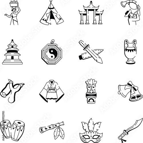 Set of Hand Drawn Tribal Culture Icons 
