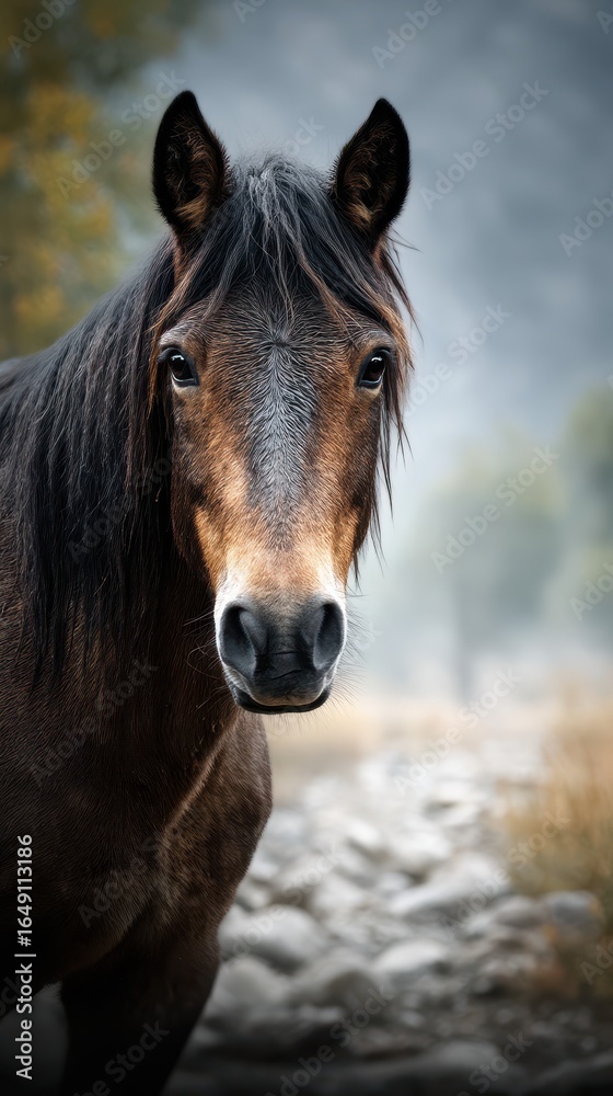 Fototapeta premium Horse stands majestically in a tranquil natural setting during early morning light