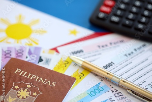 Philippines peso money bills and calculator with tax form on flag. Taxation and accounting concept