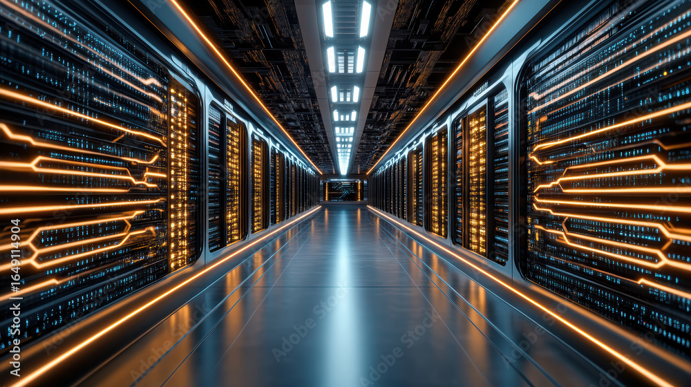 Fototapeta premium Futuristic corridor with glowing circuitry and sleek walls creates high tech atmosphere