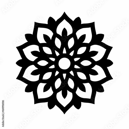 Intricate Black and White Mandala with Symmetrical Petal Layers – Geometric Spiritual Design for Mindfulness, Meditation, and Decorative Art
