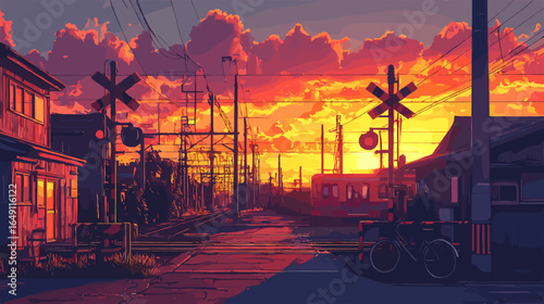 夕焼けの踏切と電車が描かれたノスタルジックな田舎町の風景イラスト