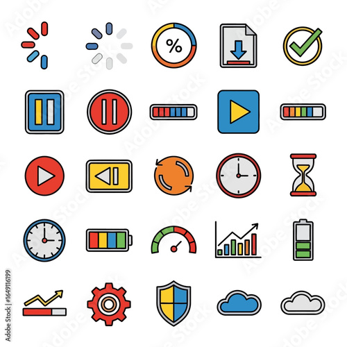 Colorful icons represent processes inside interface design elements