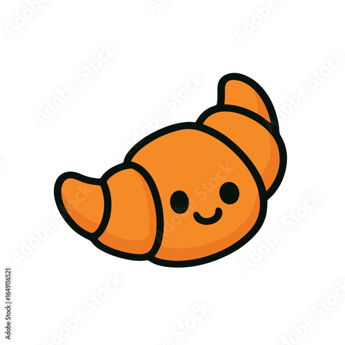Cute cartoon croissant doodle with a happy face. Fun and colorful vector illustration perfect for bakery branding, breakfast designs, stickers, or kids’ art projects.