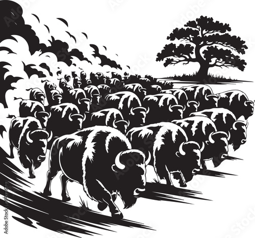Majestic bison herd thunders across plains with powerful grace
