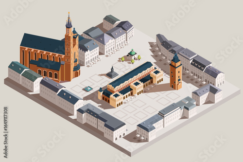 isometric main market square of krakow city in simplified style, vector illustration