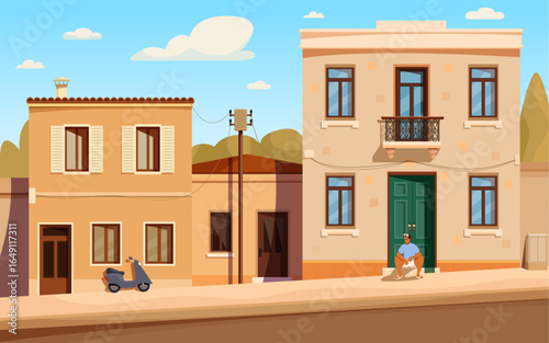 cartoon street of southern city with scooter and resting man, vector illustration
