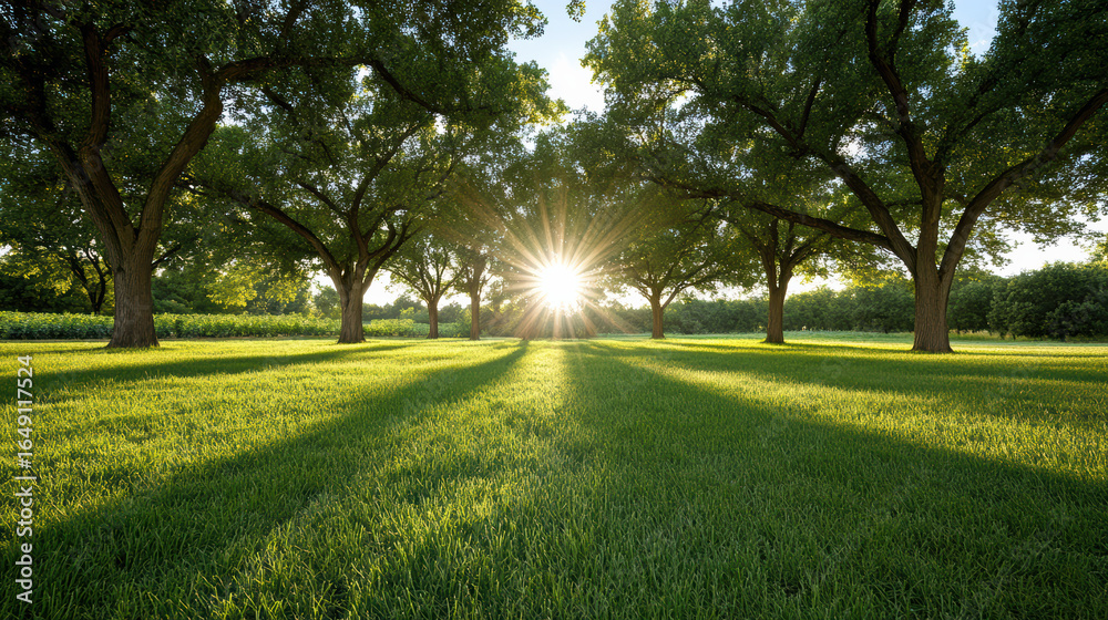 Obraz premium Sunlight shining through trees creates serene atmosphere in lush green field