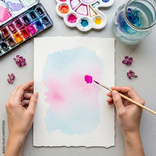 Artist's hands painting a delicate pink and blue watercolor wash, seen from a top-down flat lay view. Creative workspace with art supplies, representing a relaxing hobby, art therapy, and inspiration.