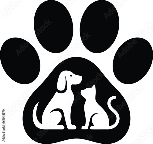 Paw Print Logo with Dog and Cat Silhouette for Pet Care, Veterinary Clinics, Animal Rescue, or Adoption Services