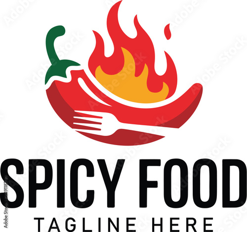 Spicy Food logo with red chili pepper, flames, and fork—bold black text and customizable tagline for hot cuisine branding