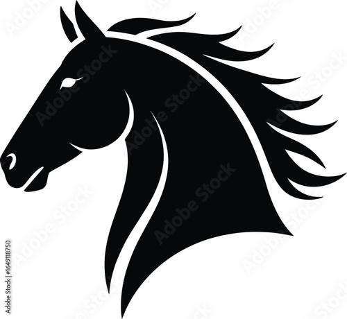 Black horse head silhouette in profile—stylized flowing mane and elegant minimal design for equestrian branding