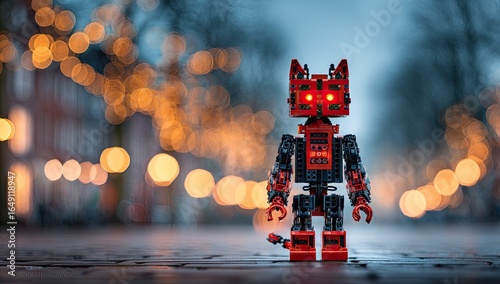 Fototapeta Naklejka Na Ścianę i Meble -  Red-lit robot cat figurine in city lights